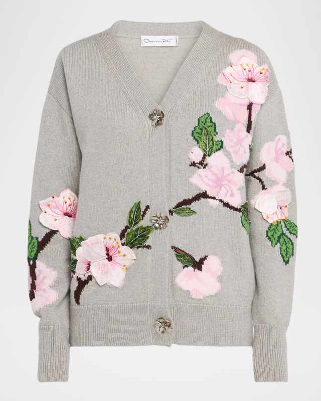 Cherry Blossom Jacquard V-Neck Cardigan